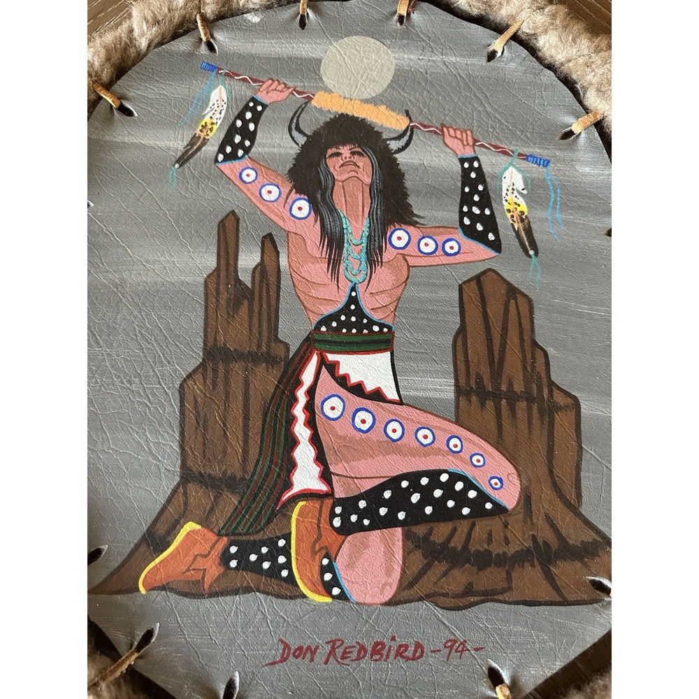 Vintage Native American Art, Set of 2 Buffalo shields on leather by Don Redbird - Picture 2 of 16